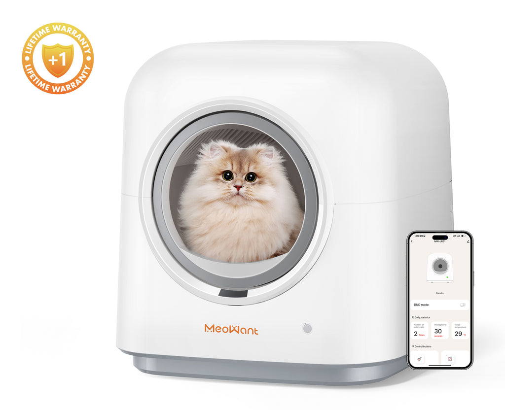 Meowant self-cleaning cat litter box with a fluffy cat inside, featuring a smartphone app for remote control and monitoring, with extended warranty emblem
