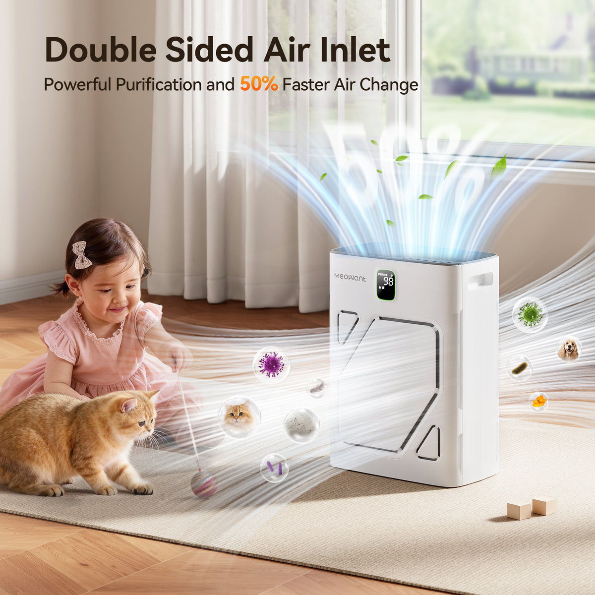 Meowant air purifier with double-sided air inlet captures allergens and airborne germs.