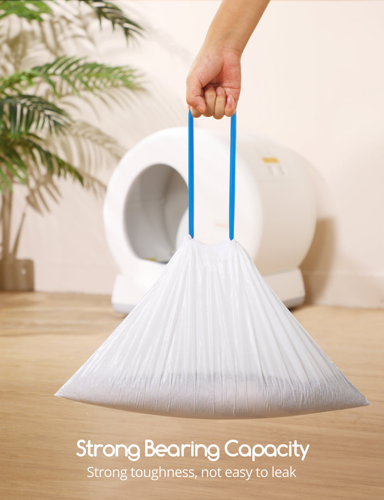 Hand lifting a sturdy, puncture-resistant white litter box liner with a blue drawstring, demonstrating high capacity and leak resistance, suitable for automatic MeoWant cat litter boxes