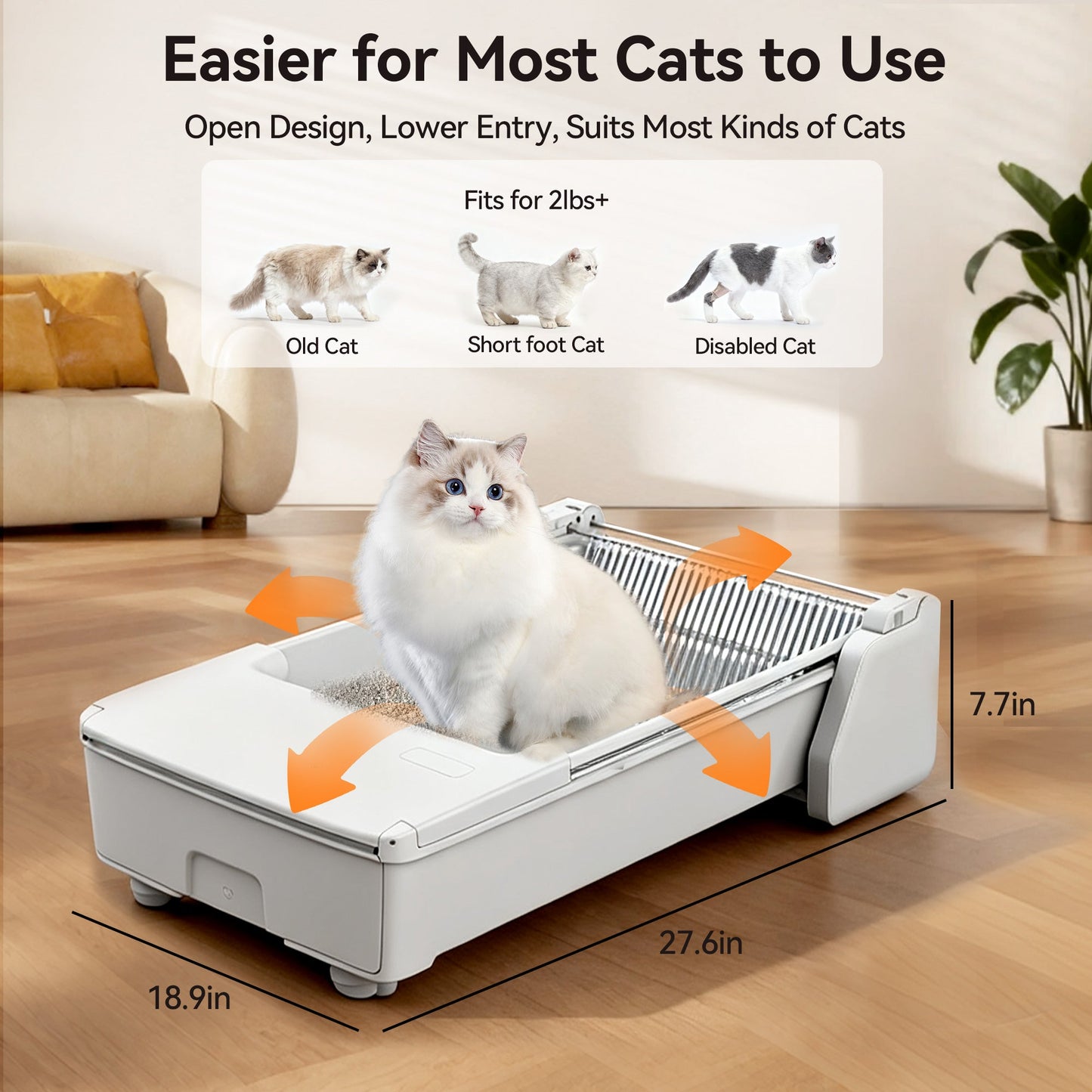 Meowant MW-SC03 open top self-cleaning litter box: fits old, short-footed, disabled cats. 18.9x27.6x7.7in.