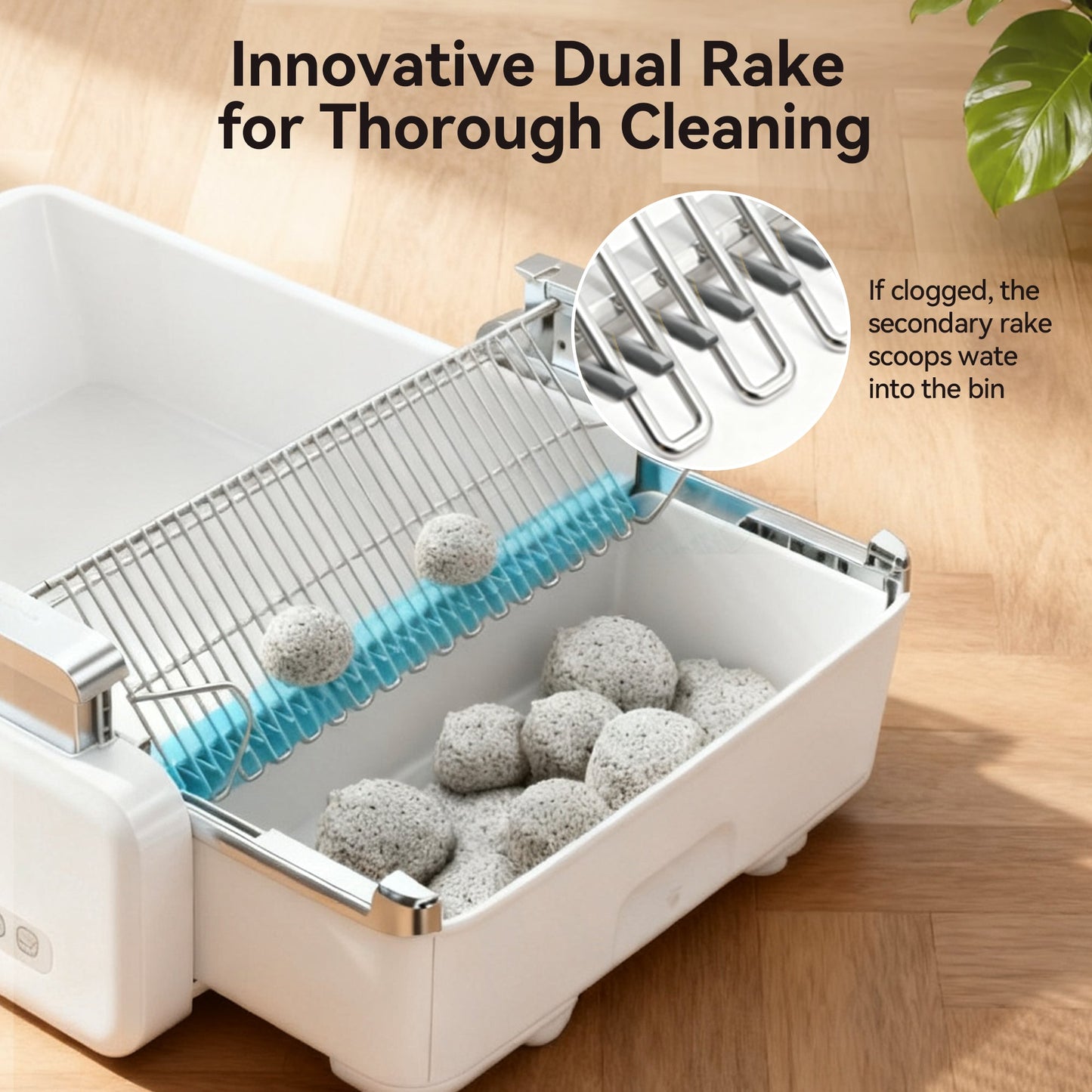 Meowant MW-SC03 open top self-cleaning cat litter box with dual rake scooping litter.