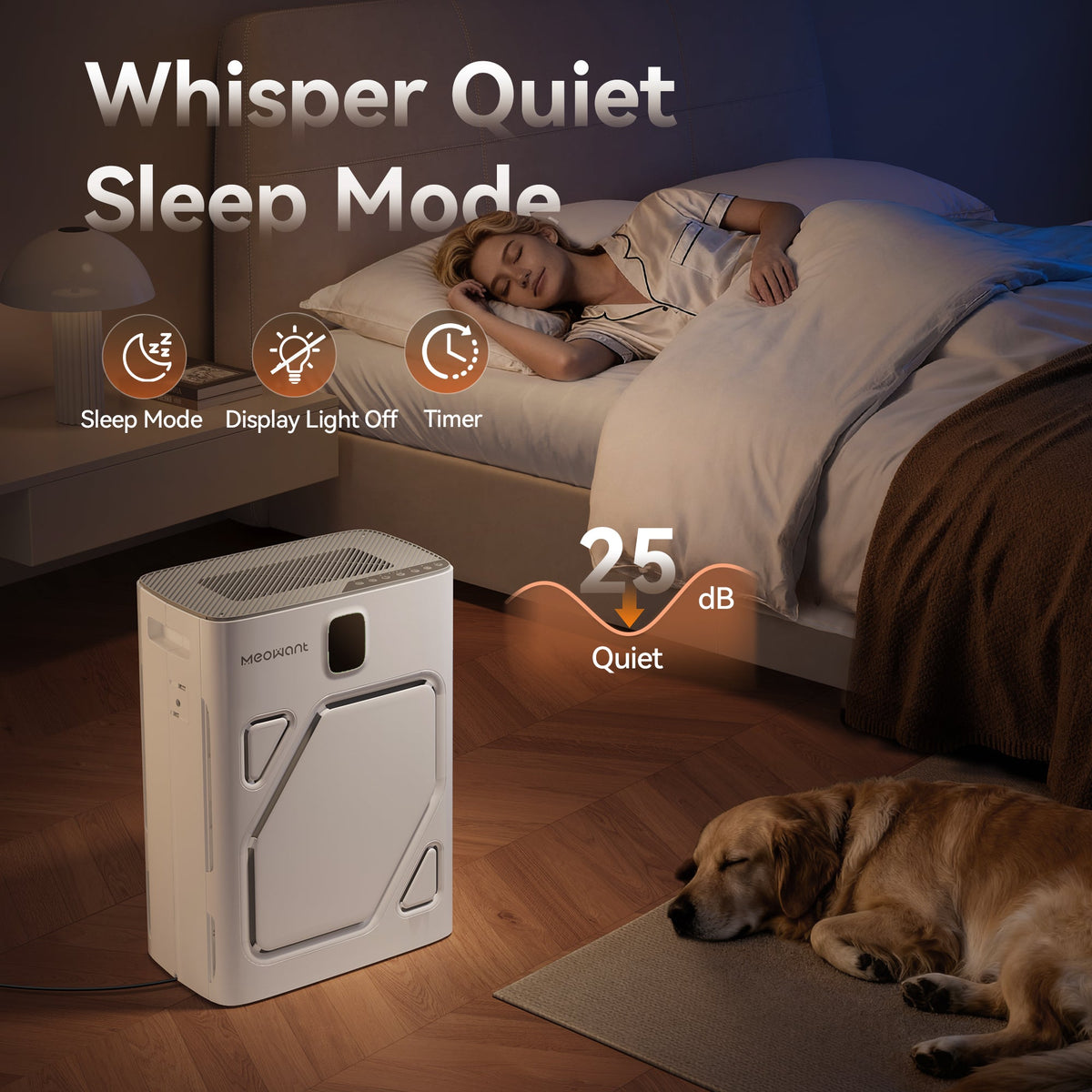 Meowant pet air purifier in quiet sleep mode, 25 dB operation