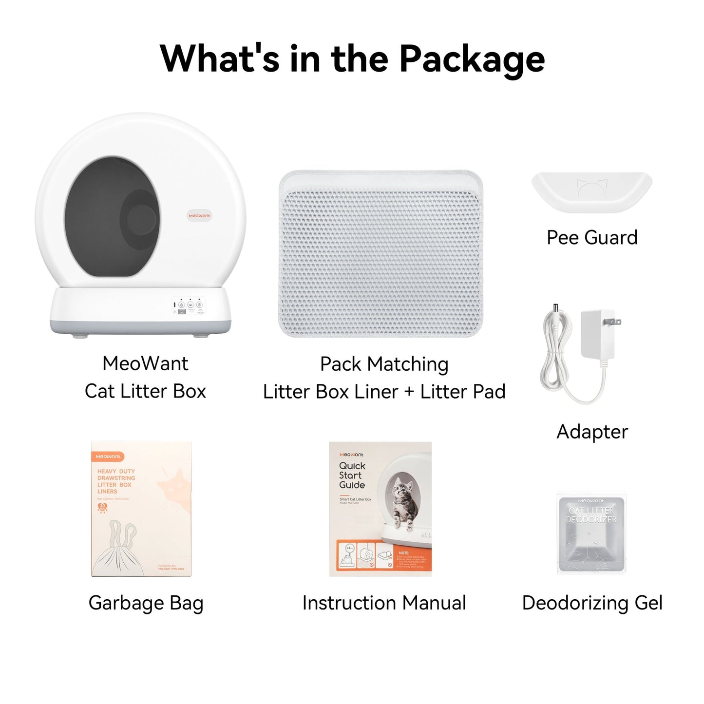 Meowant SC01 litter box package: litter box, liners, pad, adapter, garbage bags, manual, deodorizer.