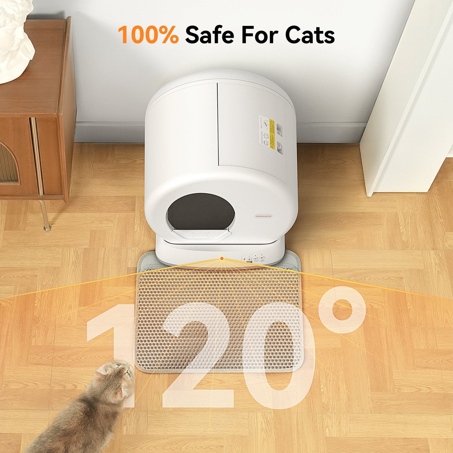 Meowant Self-Cleaning Cat Litter Box MW-SC01 in gray, with "100% Safe For Cats" text and 120-degree sensor graphic.