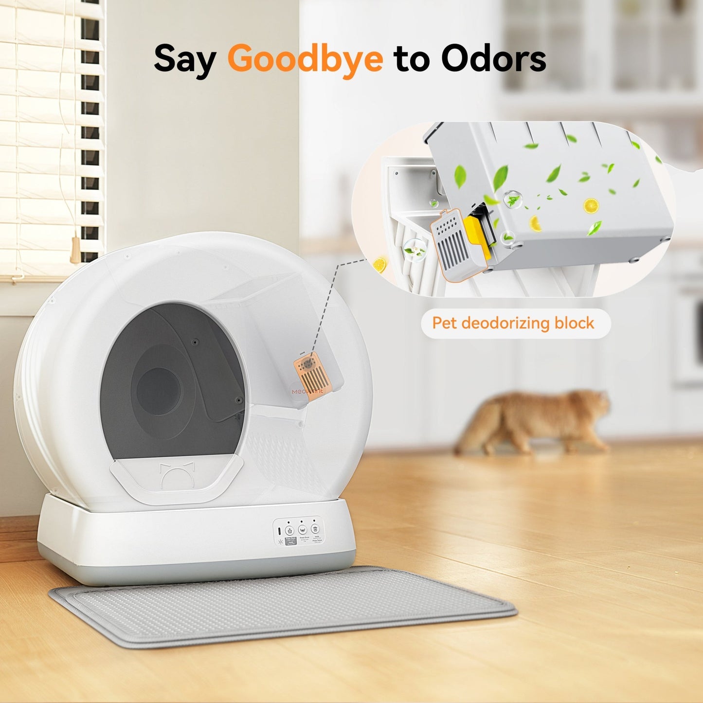 Meowant SC01 gray litter box with pet deodorizing block eliminating odors. Features animated leaves and lemon.