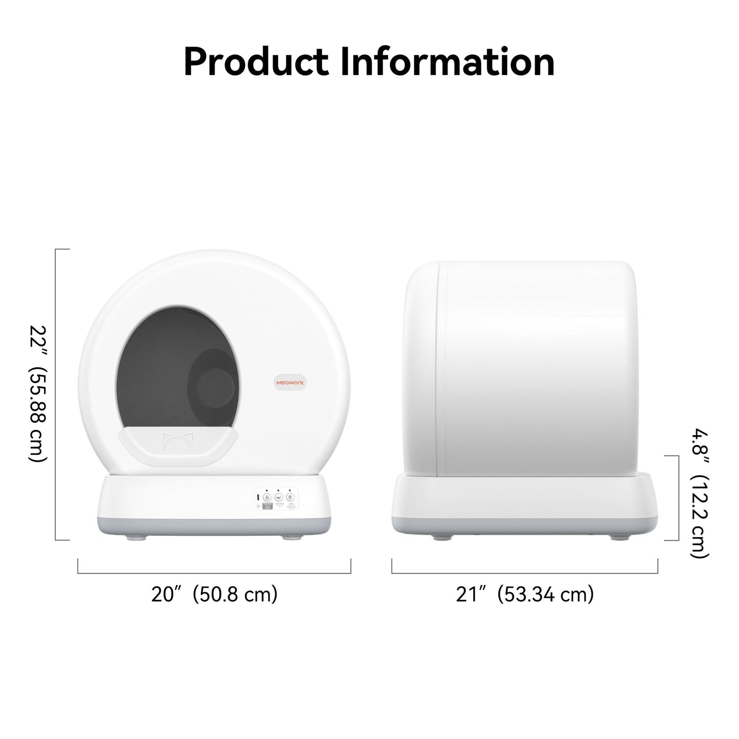 Meowant Self-Cleaning Cat Litter Box MW-SC01 Gray dimensions: 20" W x 22" H (front), 21" D x 4.8" entry height.