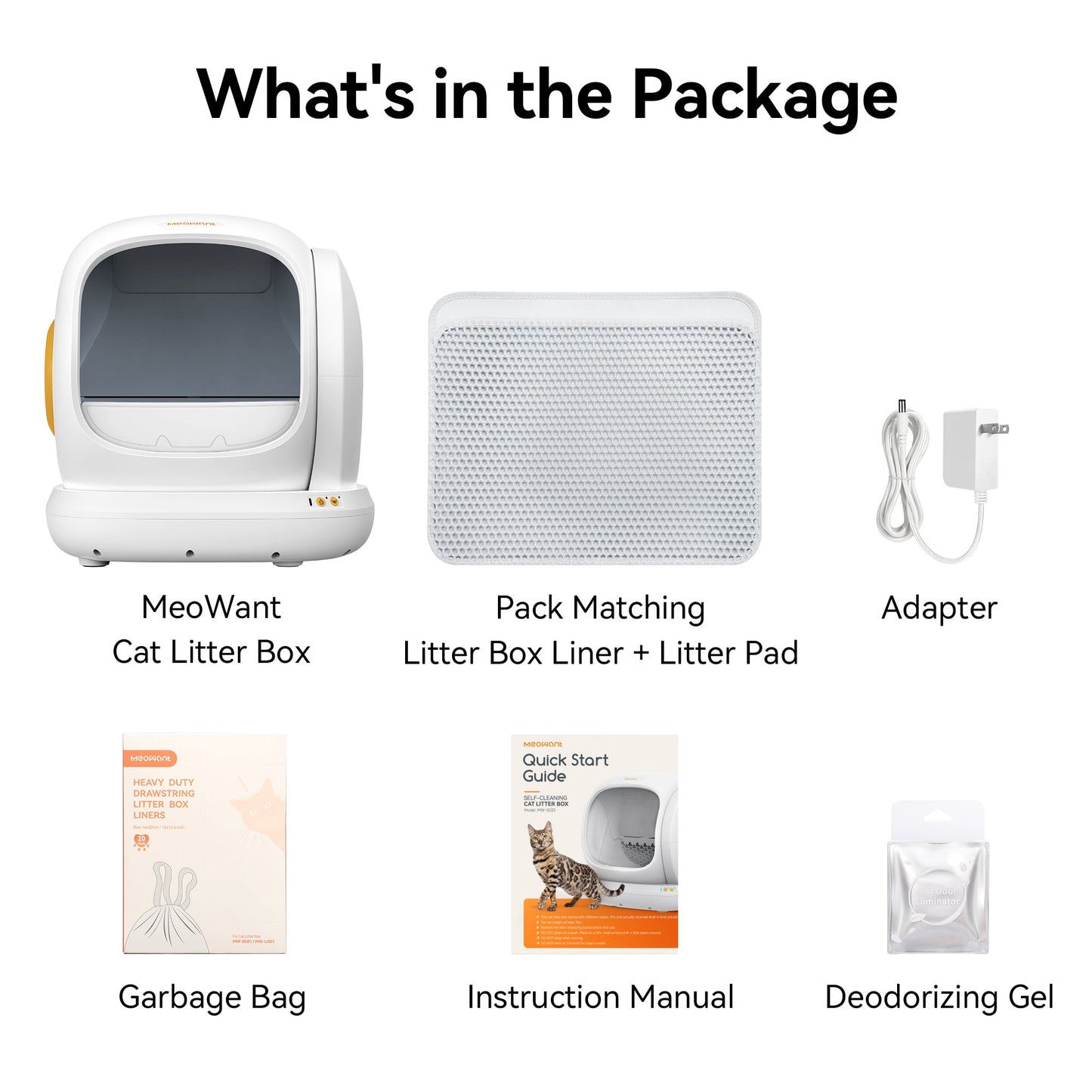 Meowant MW-SC02 Self-Cleaning Cat Litter Box white, liners, pad, adapter, garbage bags, instruction manual, and deodorizing gel.