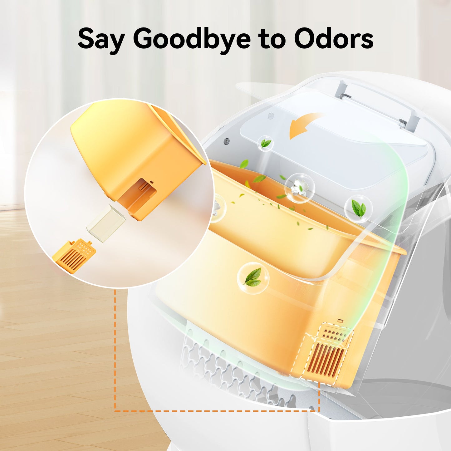 Meowant MW-SC02 self-cleaning cat litter box with odor control system, showing insertable deodorizer unit.