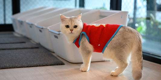 Cat wearing a red sweater standing next to a large litter box, illustrating the importance of proper litter box size for cat comfort