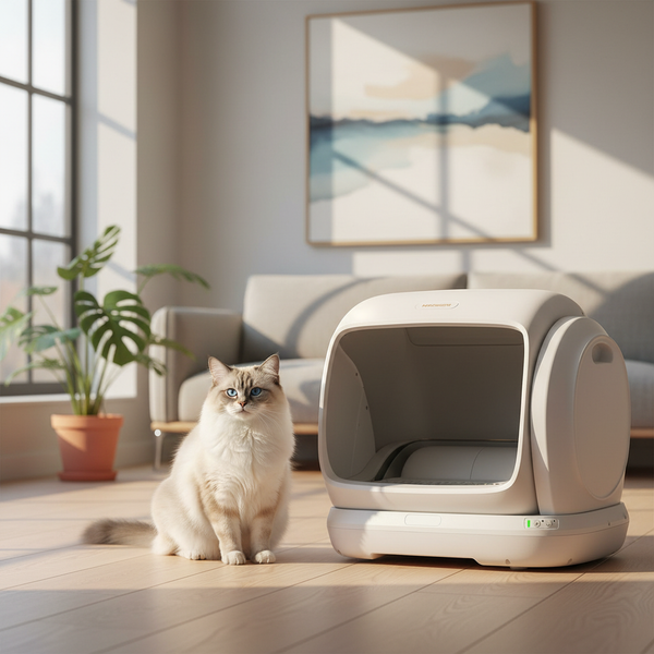 A fluffy cat sitting next to a modern litter box in a bright living room