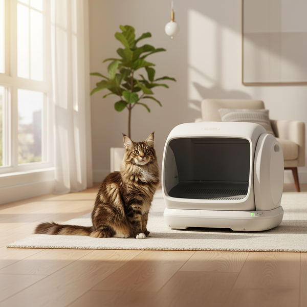A sleek, modern SC09 litter box in a clean, minimalist urban apartment, with a large, happy cat nearby