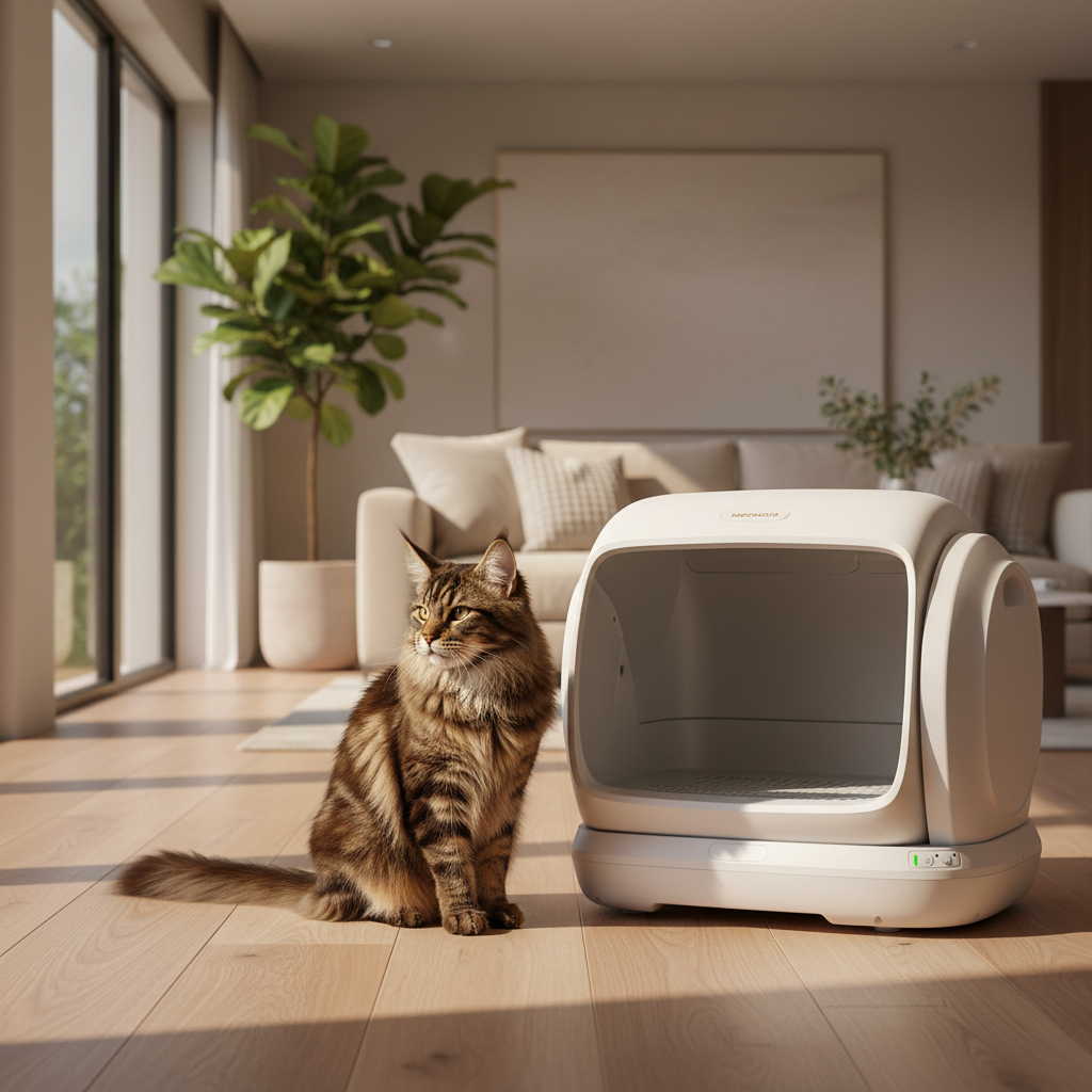 A tabby cat sitting next to a modern white litter box in a bright living room