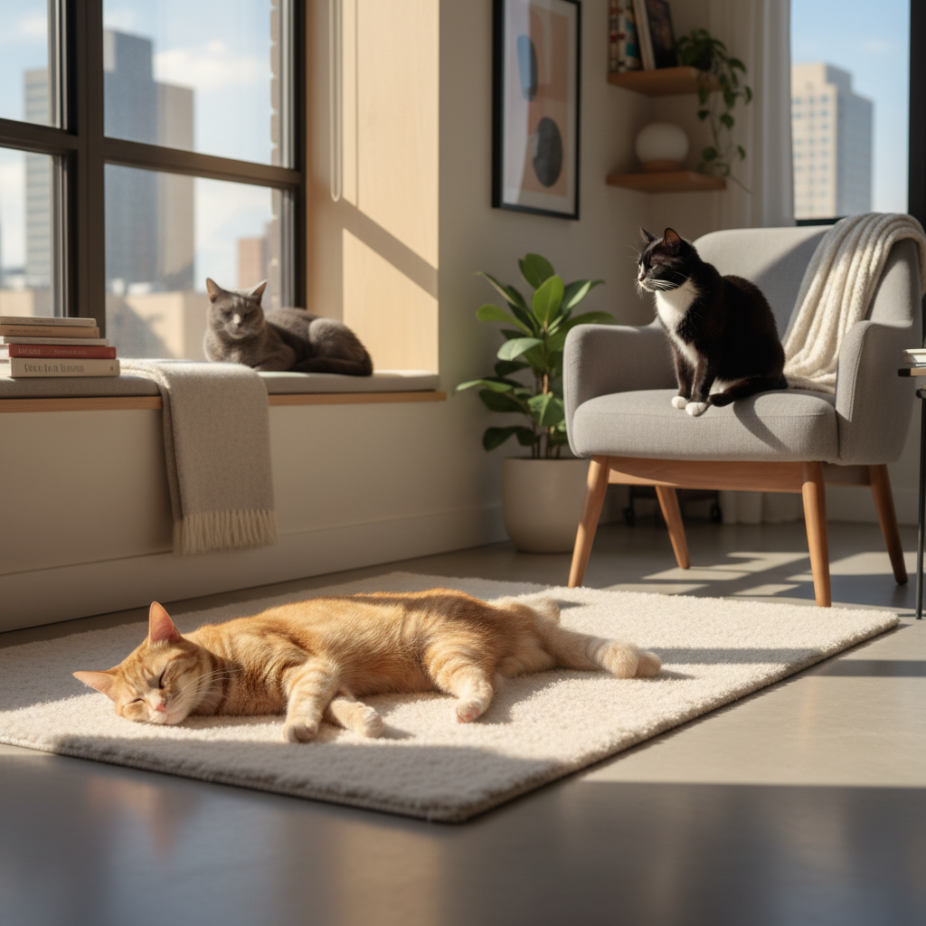 Three cats in a modern apartment setting, showing a clean and harmonious environment