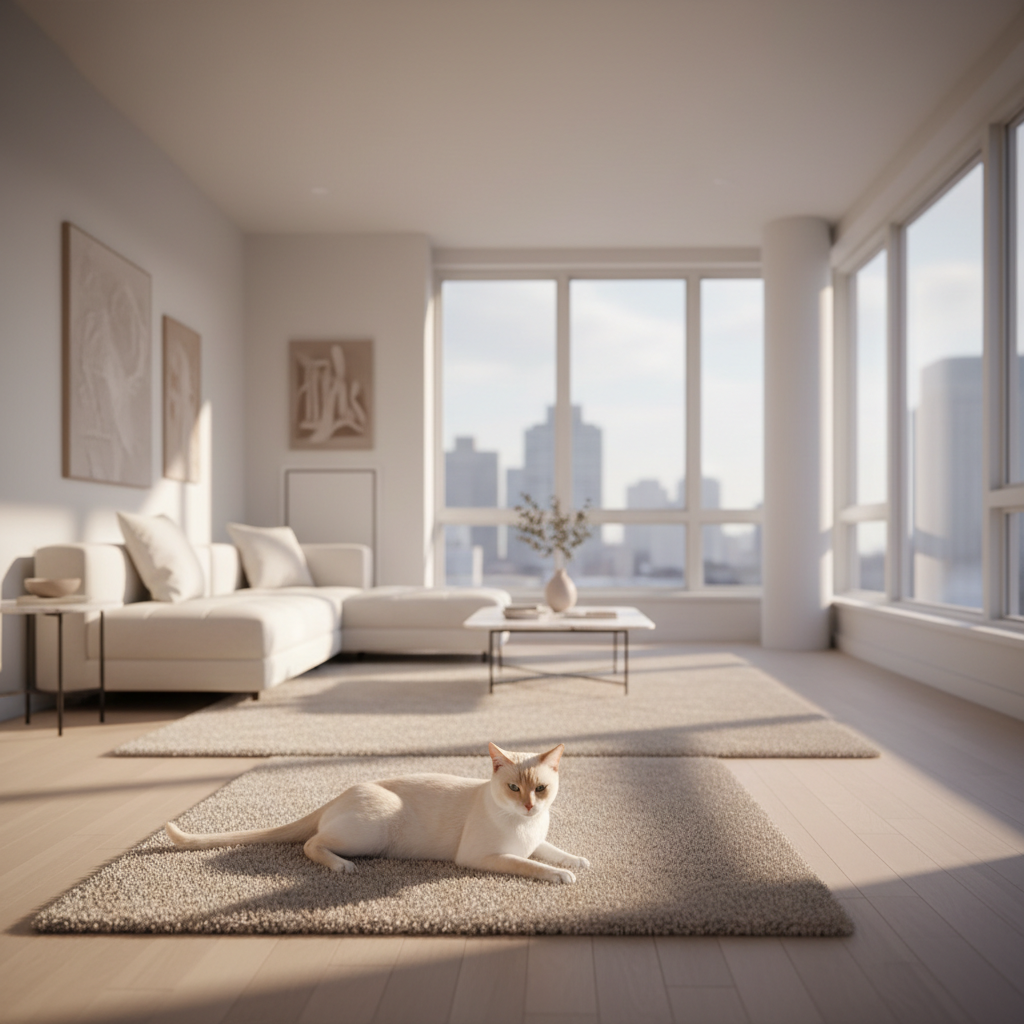 A serene, modern living room where a cat sits comfortably on a rug, highlighting a clean and odor-free home environment.