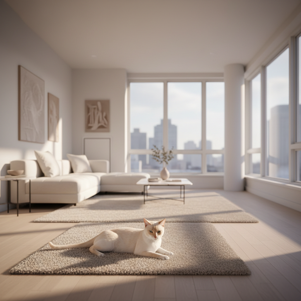 A serene, modern living room where a cat sits comfortably on a rug, highlighting a clean and odor-free home environment.
