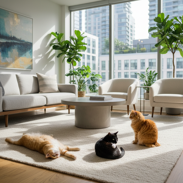 A serene, modern urban living room where multiple cats are relaxing peacefully on a rug, emphasizing a clean and odor-free home environment.
