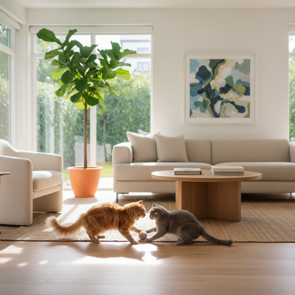 Two happy cats playing in a clean, odor-free living room, illustrating the lifestyle benefits of an automated litter box.