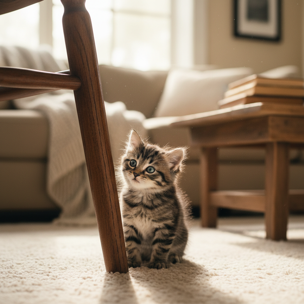 A young kitten exploring a room, showing their small size relative to household objects.