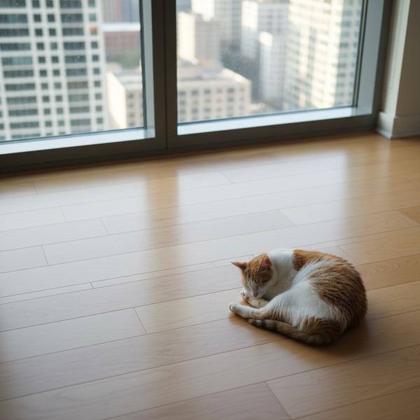 A minimalist, high-angle shot of a cat resting near a floor-to-ceiling window in a modern urban apartment, emphasizing the clean, organized space.