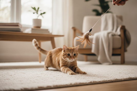 Cat playing with a toy in a home setting, showing active stalking and batting behavior