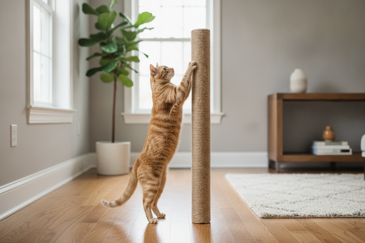 Cat stretching to scratch a tall vertical post beside a doorway in a bright home interior