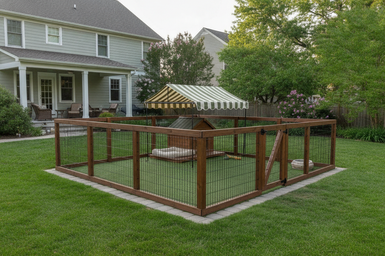 Outdoor pet enclosure entrance with secure doorway, visible corners, and shaded seating area for a cat or dog