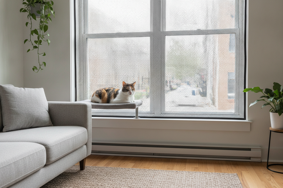Cat on a safe indoor window perch looking out through a secure screen, with a calm home setting and no outdoor access beyond the protected window
