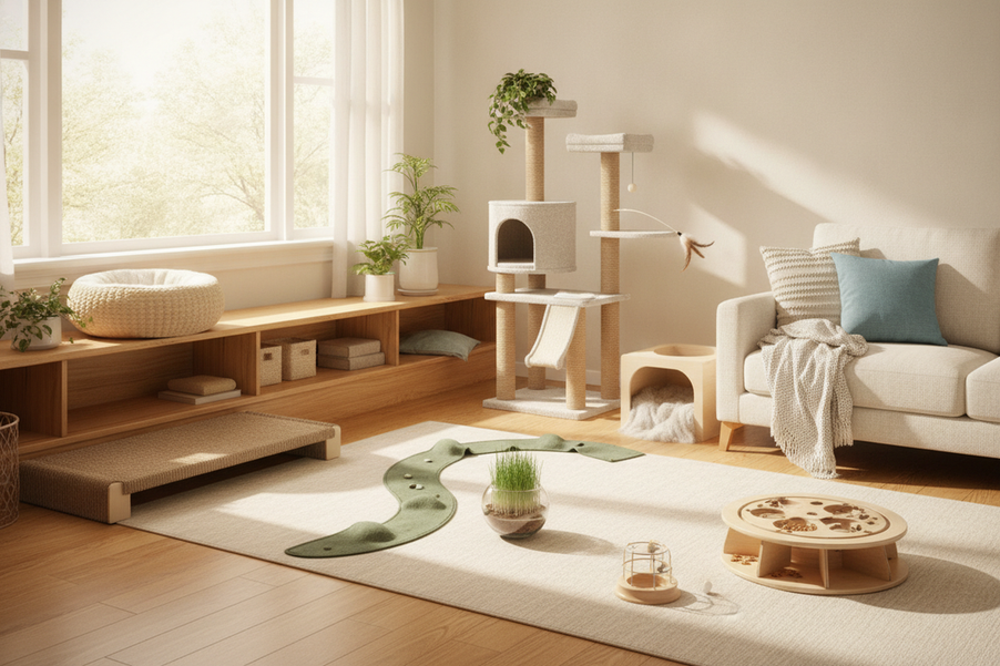 Cat enrichment setup at home with two solo play options placed in different areas for comparison