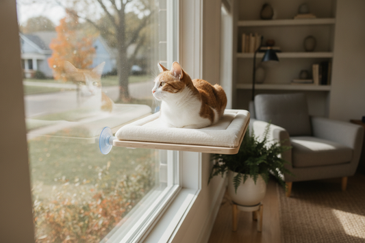 Cat on a sunny indoor window perch looking outside in a bright home setting