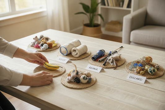 Cat toys sorted into keep, clean, repair, and discard piles on a table with a person inspecting them
