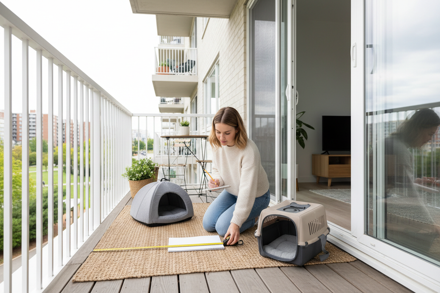 Apartment balcony catio planning scene with a cat owner measuring a small balcony opening and checking a doorway route before setup