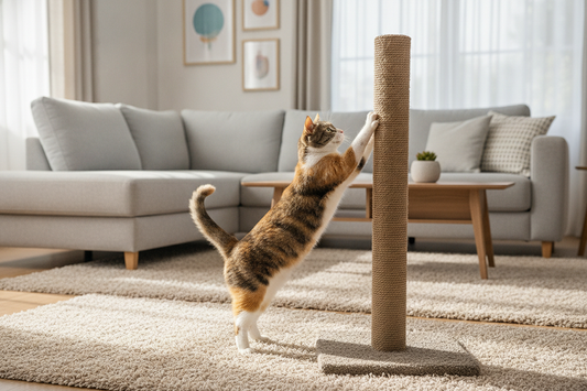 Cat scratching post in a home living room with a cat stretching comfortably on a sturdy post