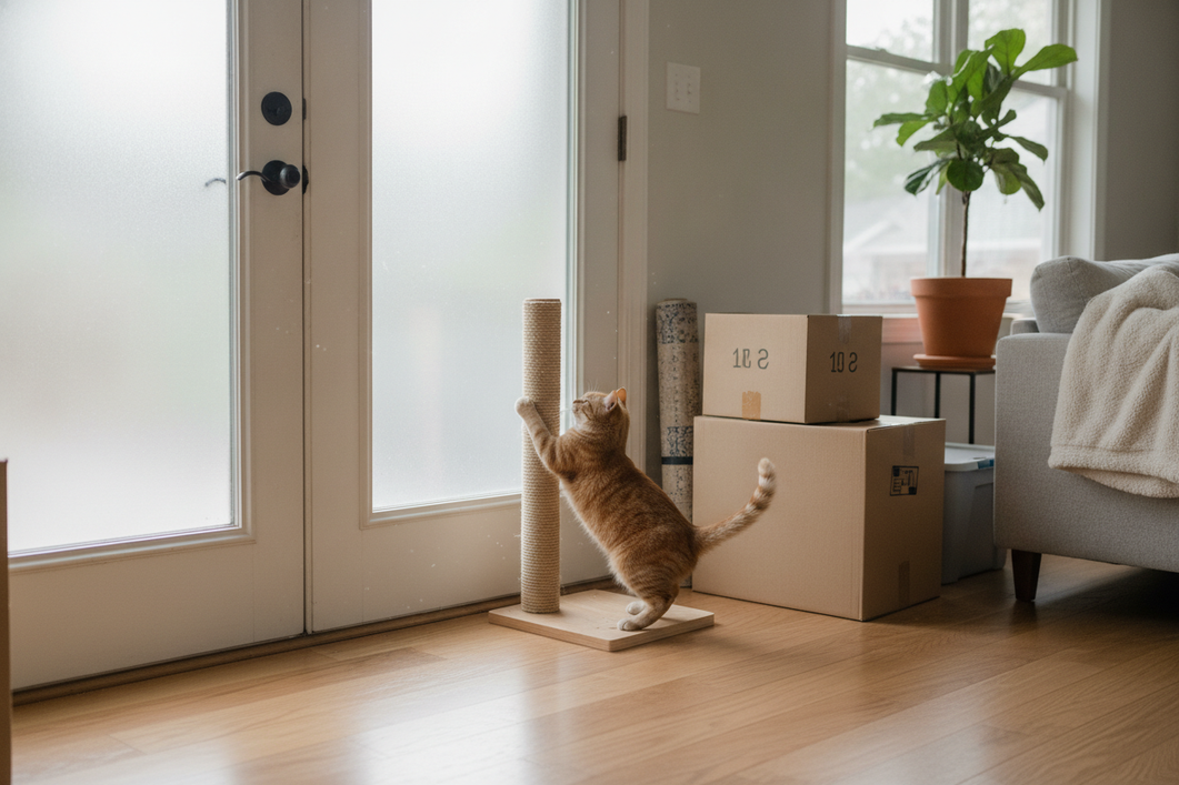Cat standing in a home doorway while scratching a post near a quiet room, showing a stress-related change in scratching behavior