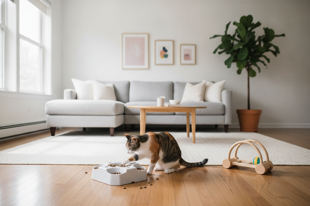 Cat using a puzzle feeder alongside a separate toy and scratching option in a home setting