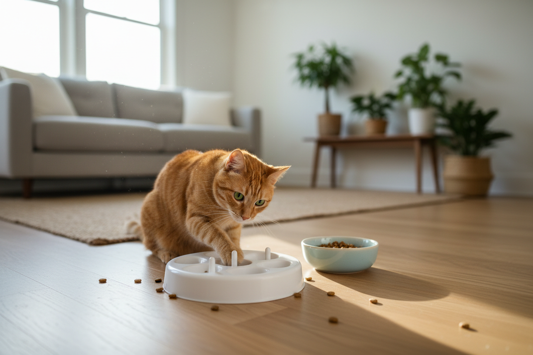 A cat using a simple puzzle feeder to retrieve dry food during mealtime