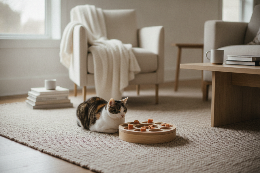 Cat puzzle toy setup in a quiet room with a familiar treat placed visibly and easy to reach