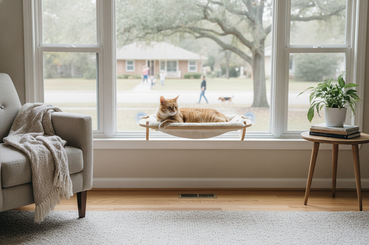 Indoor cat resting on a safe window perch and looking outside at a calm neighborhood scene