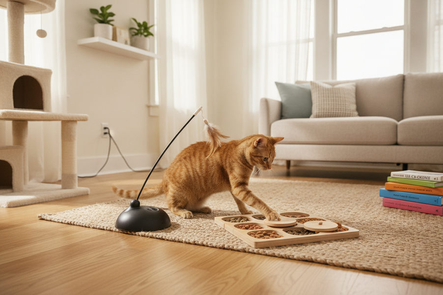 Illustration of a cat exploring a safe solo play setup at home while left alone during the day