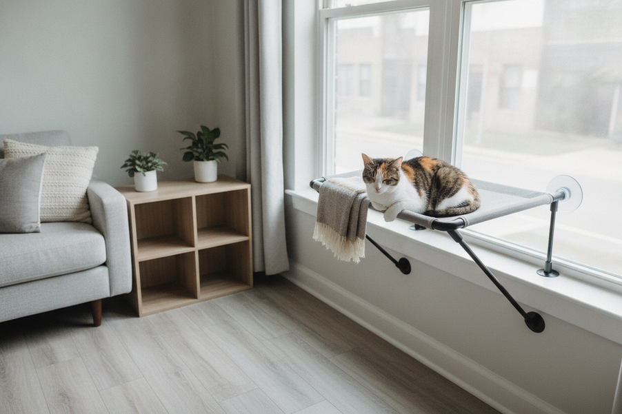 Cat lounging on a window perch in a bright apartment with the window closed