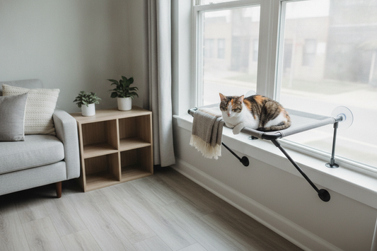 Cat lounging on a window perch in a bright apartment with the window closed