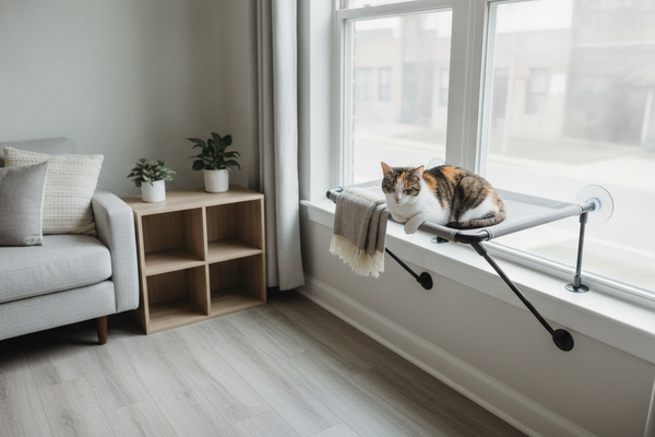 Cat lounging on a window perch in a bright apartment with the window closed