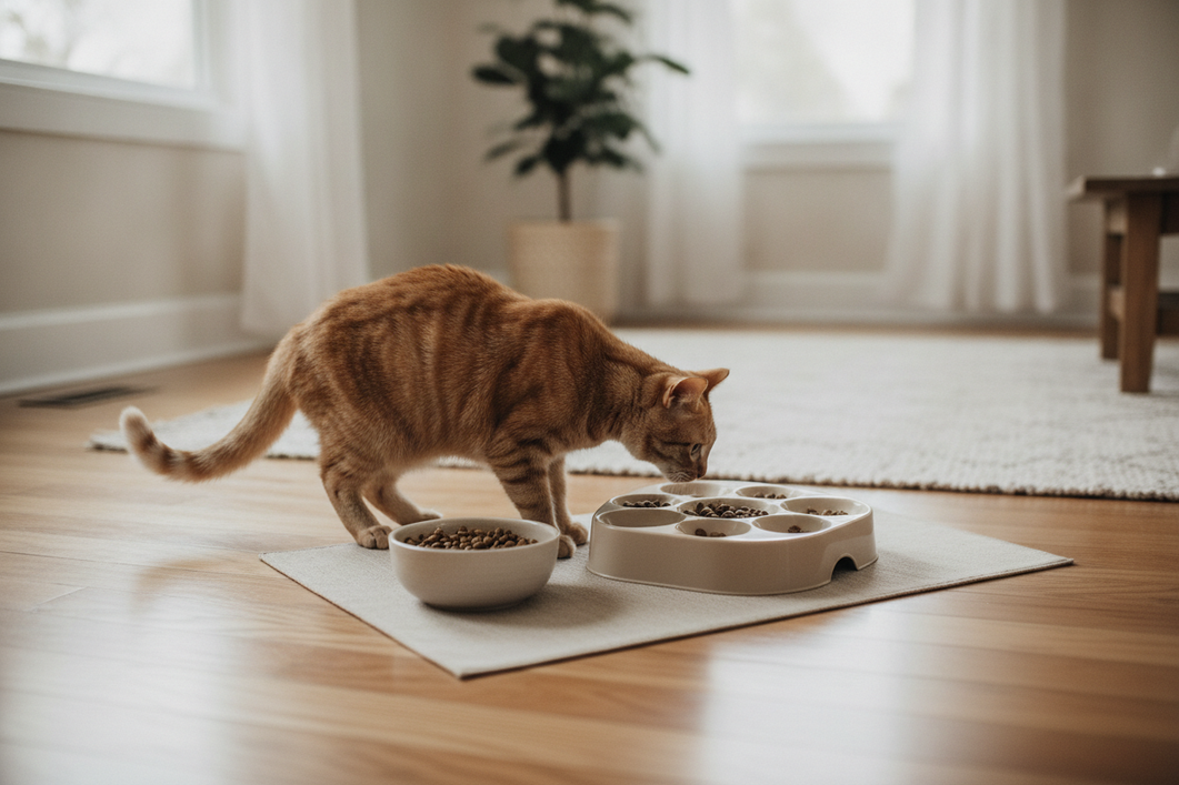 Cat puzzle feeder setup with familiar food in an easy-access tray beside a regular bowl in a quiet home feeding area