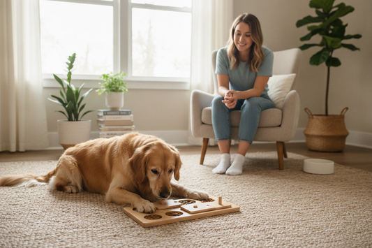 Pet food enrichment setup with a cat or dog calmly using a simple feeder on the floor while a person supervises nearby