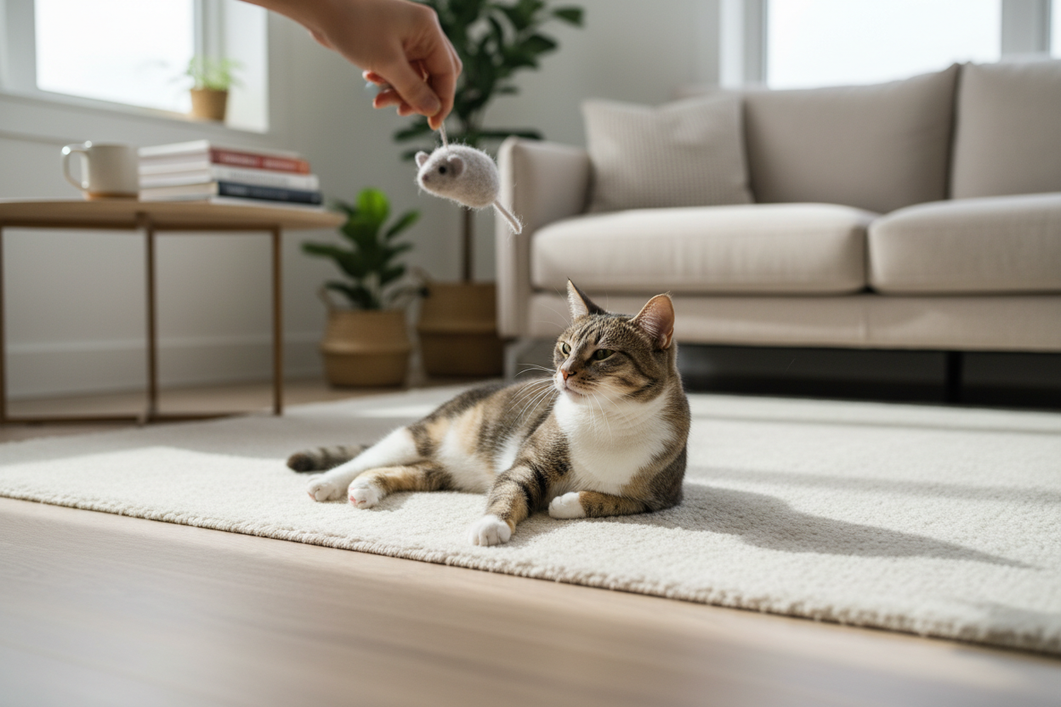 Cat watching a wand toy during a calm indoor play session