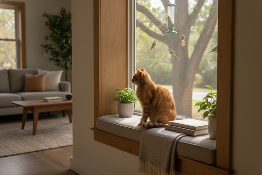 Indoor cat calmly watching birds and squirrels from a secure window perch in a bright home