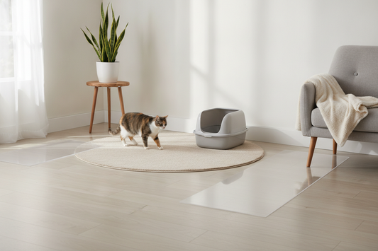 Open cat litter box in a calm home corner with a cat approaching at a relaxed pace