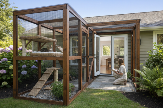 A calm cat being supervised outdoors in a secure, contained setup with a person nearby and a clear retreat area