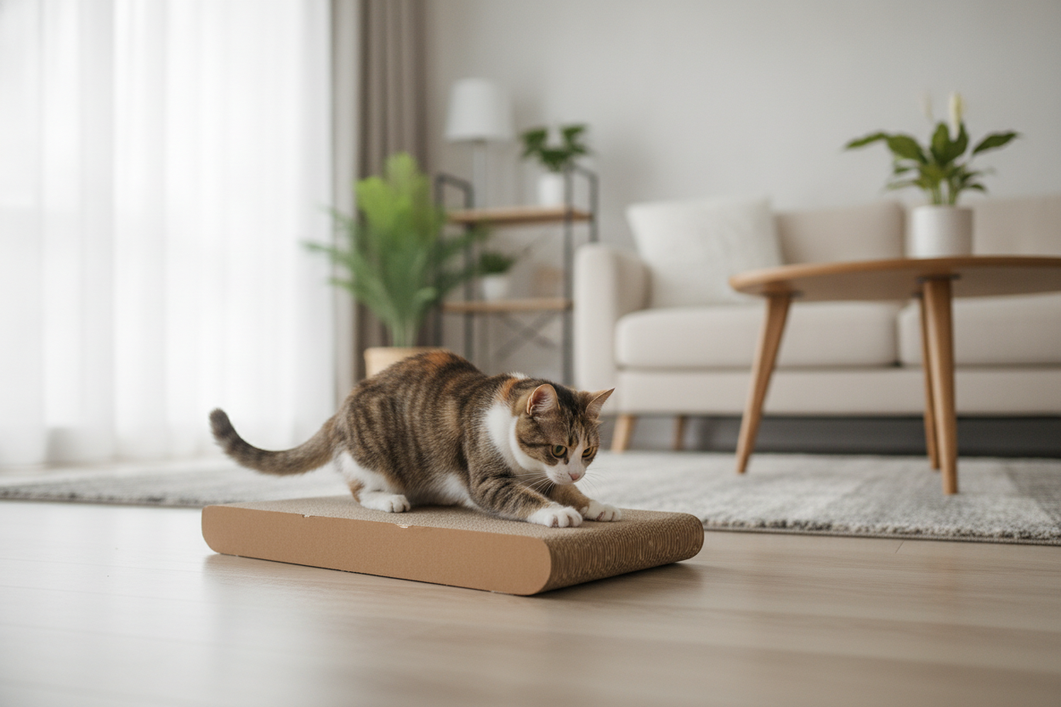 Cat scratching a flat floor-level scratcher in a home setting