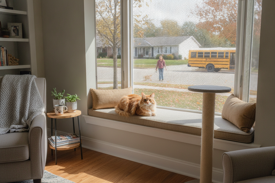 Cat watching birds and moving outdoor activity from a safe indoor window perch