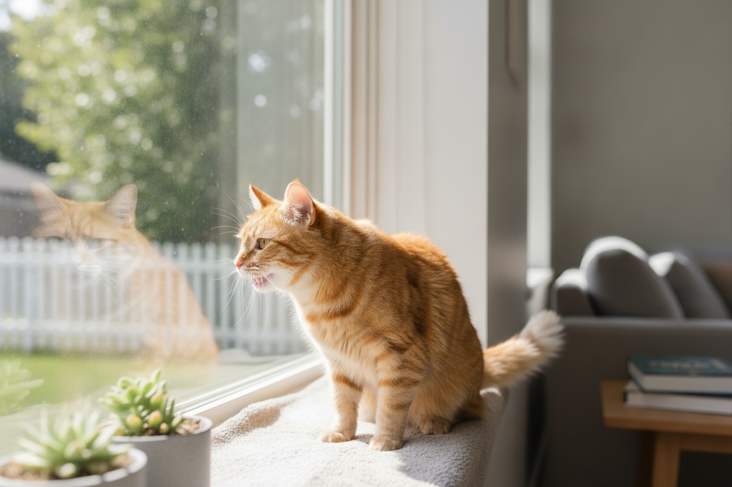 Cat watching birds from a window and chattering with focused body language